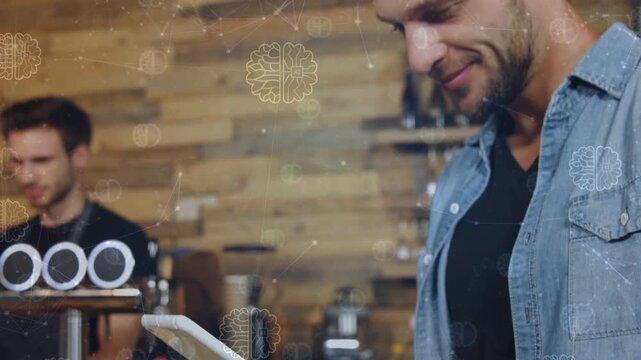 Male customer tapping tablet at cafe counter, causing animated menu and pastry icons guiding choice