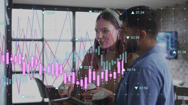 Woman leaning on tablet, pointing outward, guiding man over candlestick overlay to set next steps