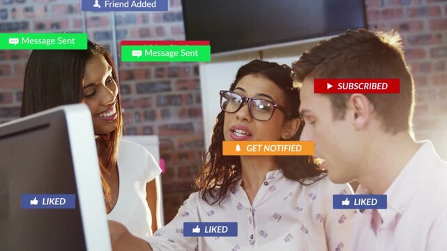 Center woman pointing at screen, causing animated tags covering people then fading for marketing
