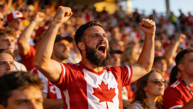 Shouting bearded man raising both fists and cheering in outdoor stadium, maple leaf jerseys