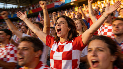 Fototapeta premium Cheering female fan raising arms in stadium stands, wearing red-and-white checkerboard jersey