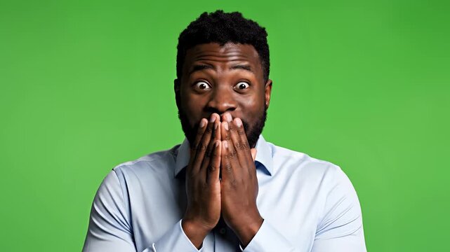 Man Expressing Shock and Surprise on Green Screen Background.