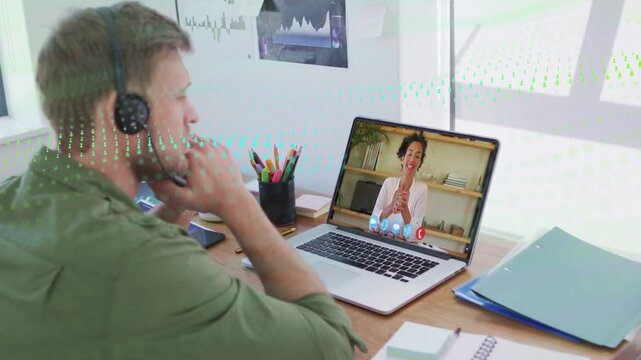 Remote worker taking incoming business call on laptop tuning mic, teal AV wave moving across screen