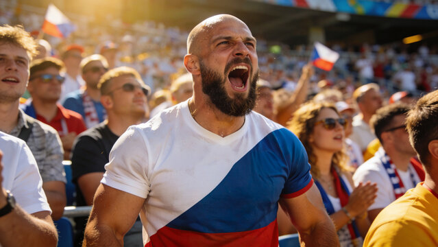 Shouting bald man leaning in stadium stands, wearing white Tshirt with blue red blocks flags waving