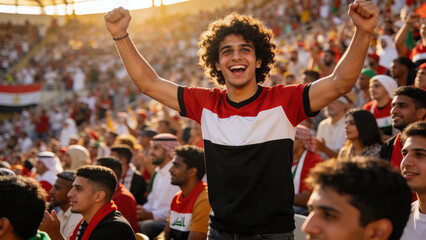 Fototapeta premium Cheering smiling male fan raising both arms in stadium stands, with team jersey and flags