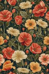 Fototapeta premium Colorful vintage flower garden art seamless pattern illustration. Retro nature floral background in hand drawn style. Spring season decoration texture, nature textile drawing print 