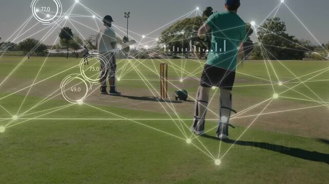 Bowler delivering ball, keeper crouching and collecting ball near cricket stumps while HUD updating