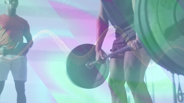Male lifter driving heels, pulling barbell for fitness while observer timing, pastel waves sweeping