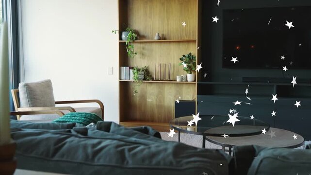 Sofa anchoring stars starting at TV drifting frame left-shifting showing candles and window adding m