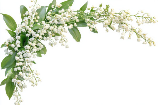 Lily of the valley forming a beautiful corner frame on white background
