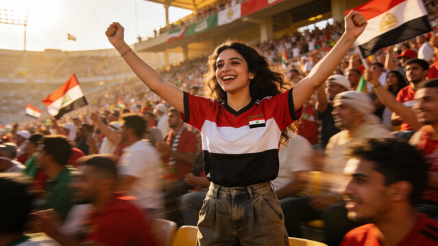 Cheering female fan raising arms in stadium, wearing jersey and denim near waving tricolor flags