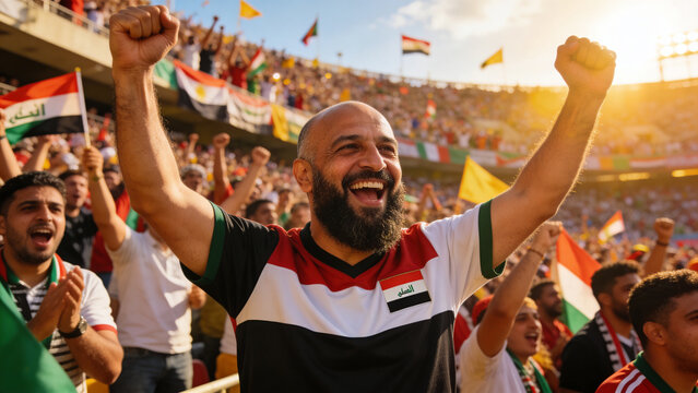 Cheering bearded bald man wearing team jersey with Iraqi flag patch raising fists at stadium