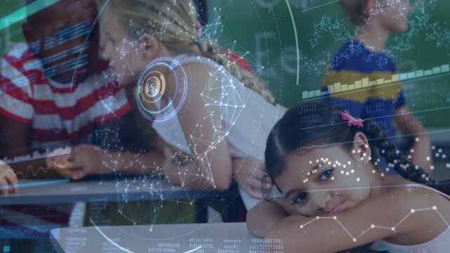 School girl lifting head as kids whispering, gathering around boy, talking, HUD radar charts moving