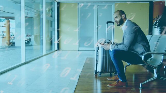 Business traveler tapping phone, causing floating digits shifting posture while waiting for pickup