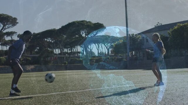 Two players starting ball on midline exchanging soccer passes training while blue globe overlaying