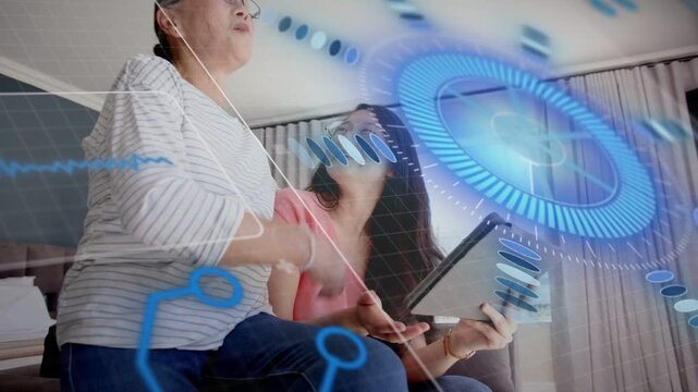 Mom and daughter on sofa, mom pointing, daughter tapping tablet, demonstrating AR tech overlays