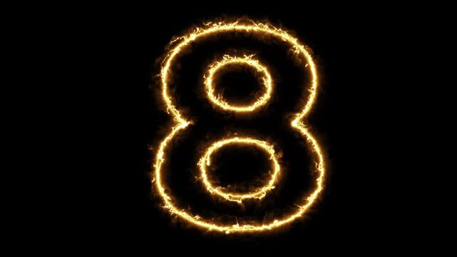 Realistic fire flame animation of the number eight. Glowing hot burning digit 8 outline on isolated black background