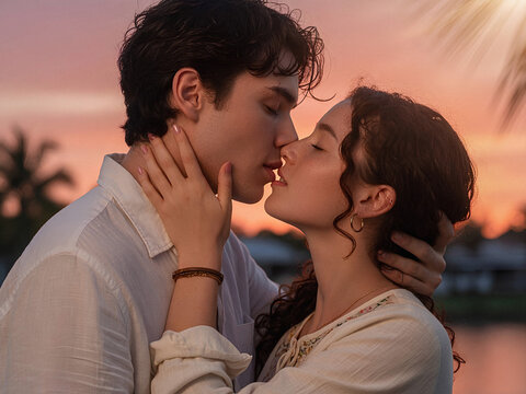 Romantic Young Couple About to Kiss at Sunset Golden Hour