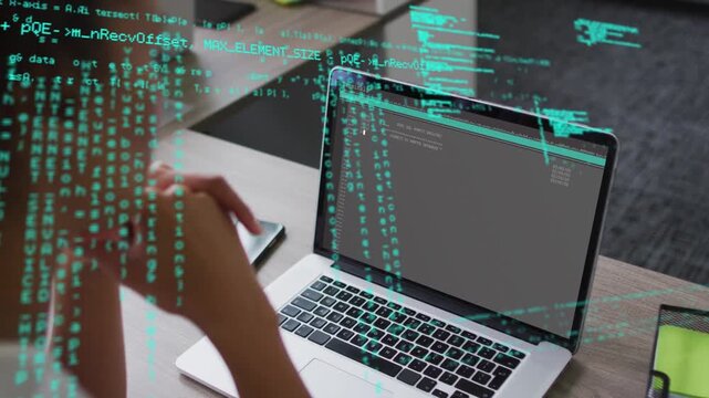 Programmer woman reviewing laptop for debugging, code scrolling and creating green overlay