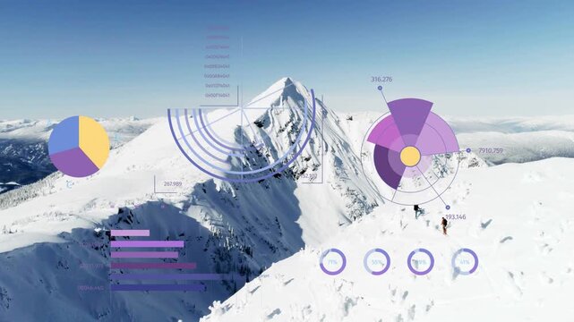 Three skiers appearing on crest causing data overlays moving along ridge while HUD tracking route