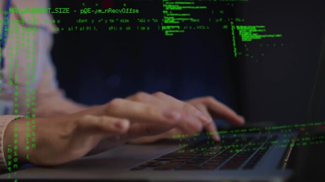 Woman placing hands on keys and typing, debugging while green code overlay cascading on keyboard