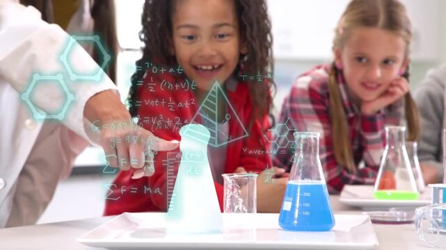 Teacher pouring reagent in lab to teach, foam rising, girl reaching, animated graphics around foam