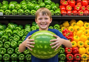 Fototapeta premium Smiling child holding a large watermelon in a produce section