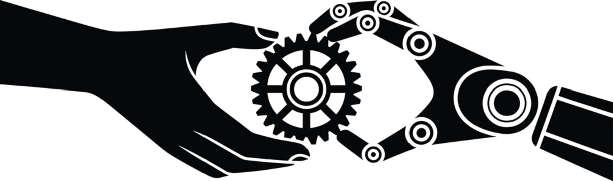 human hand, robotic hand, gear, mechanical, black and white, technology, robotics, machinery, industry, innovation, collaboration, man and mach Human hand passing gear to robotic hand, black and white