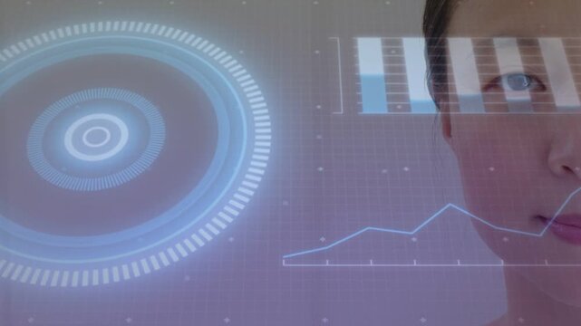 Woman holding steady gaze in tech demo while holo circle appearing, animating graphs showing trends