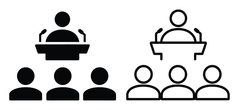 Conference icon, public speaking seminar symbol, speaker podium and audience concept, leadership communication teamwork and education theme, clean modern flat vector
