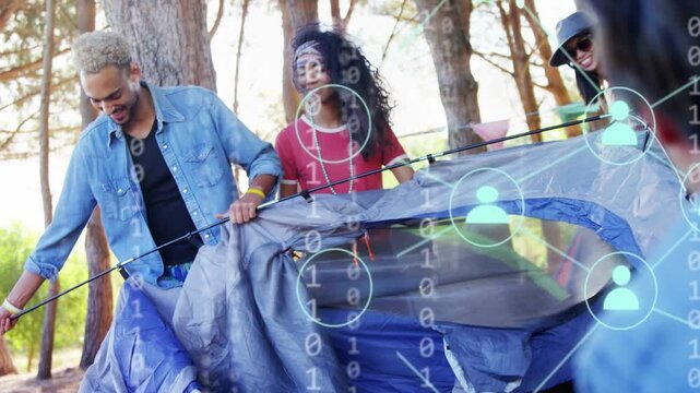 Campers lifting tent fabric, inserting poles for campsite while data and social icons overlaying