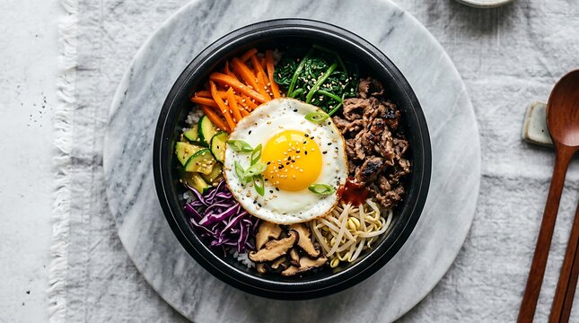 Delicious Korean bibimbap bowl with vegetables and egg on top of rice
