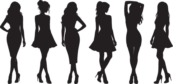Six black silhouettes of women in dresses and heels posed against white background, also transparent background