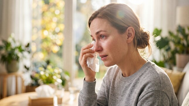 Woman wiping tears and runny nose with tissue on couch. Emotional distress from allergy symptoms in sunny living room with plants. Health awareness concept for respiratory issues and indoor comfort