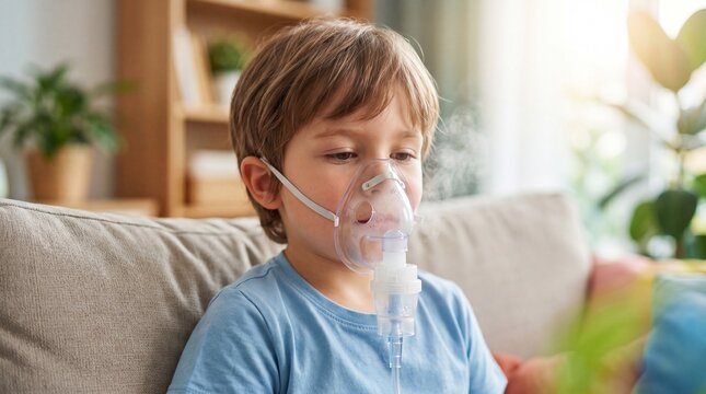Boy using nebulizer mask to inhale medication on living room couch. Child receiving home treatment for asthma and respiratory issues. Pediatric breathing therapy concept for allergy relief
