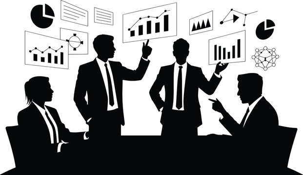 businessmen, suits, discussion, graphs, charts, silhouettes, meeting, presentation, statistics, data, analysis, teamwork, collaboration, o Businessmen in suits discussing graphs and charts, silhouette