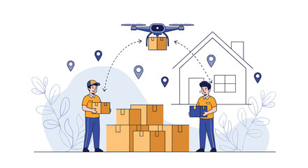 Naklejka premium Modern delivery logistics concept showing workers managing boxes with a drone flying overhead to deliver a package to a house.