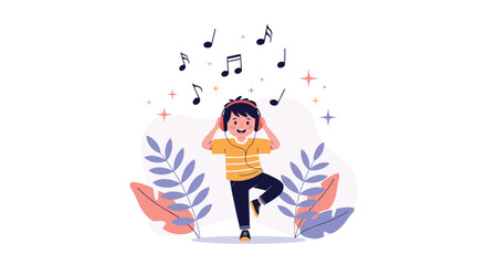 Obraz premium Young boy wearing headphones listening to music and dancing surrounded by musical notes and stylized leaves on a soft background.