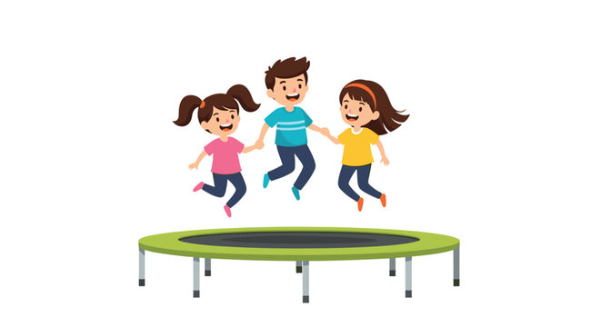 Three happy young children jumping and playing on a green trampoline against a white background for active recreation and fun.