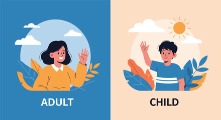 Obraz premium Two panel illustration comparing an adult woman waving and a young child boy waving in bright outdoor settings with clouds.
