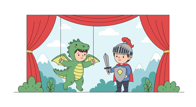 Two boys performing a play on a puppet theater stage with red curtains, one dressed as a green dragon and the other as a knight.