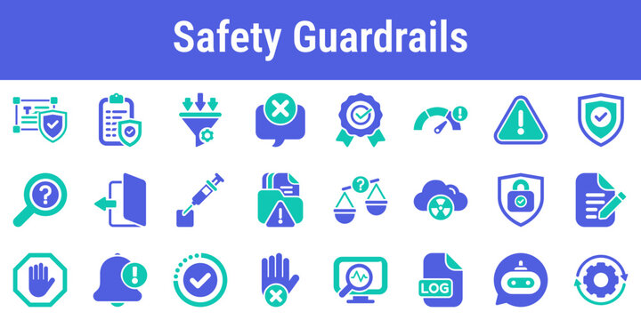 Focused icon set for prompt filtering policy enforcement injection defense and response review Suitable for AI safety dashboards moderation systems enterprise assistants and admin tools