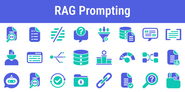 Commercial icon set for retrieval augmented prompts search ranking context windows and grounded responses Suitable for knowledge tools support systems AI search and enterprise assistants
