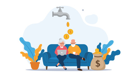 Fototapeta premium Happy retired couple sitting on a sofa while money falls from a tap into a bag representing pension and savings.