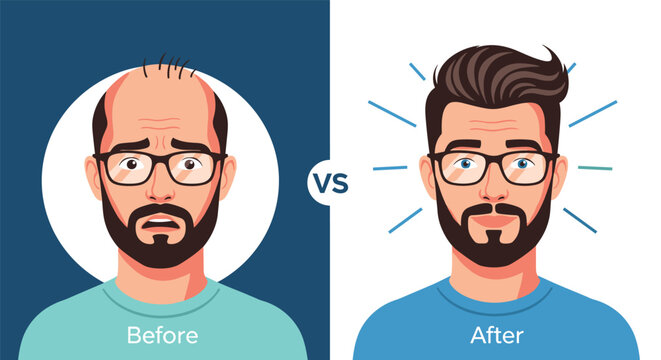 Transformation showing before and after hair transplant results for a man with a beard and glasses looking happy.