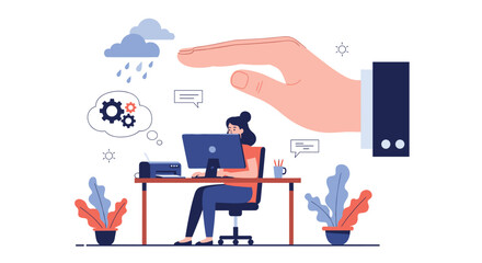 Fototapeta premium Giant protective hand shields a woman working at her office desk from rain clouds and stormy weather conditions.