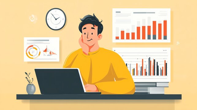 Data Analytics concept, Data Annotation, Data Analysis, Smile businessman use laptop analyzing data for competitor benchmarking and market positioning