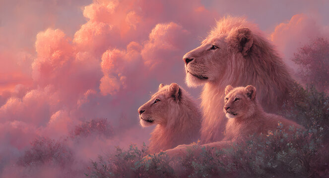 A majestic lion family illustration featuring a father, mother, and cub surrounded by soft artistic clouds is a tribute to the love of big cats for World Wildlife Day and nature conservation.