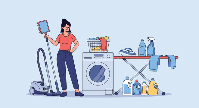 Efficient housewife stands proudly next to her laundry equipment including a washing machine and ironing station.