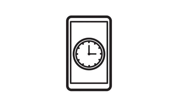 Smartphone with clock on screen display icon in black line art style featuring phone, mobile, time with illustration and white elements for digital,